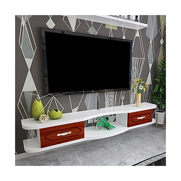 EsEntL Meuble TV Flottant, Meuble TV Mural avec 2 tiroirs, pour décodeur, télécommande, projecteur, Console de Jeu/Blanc / 14