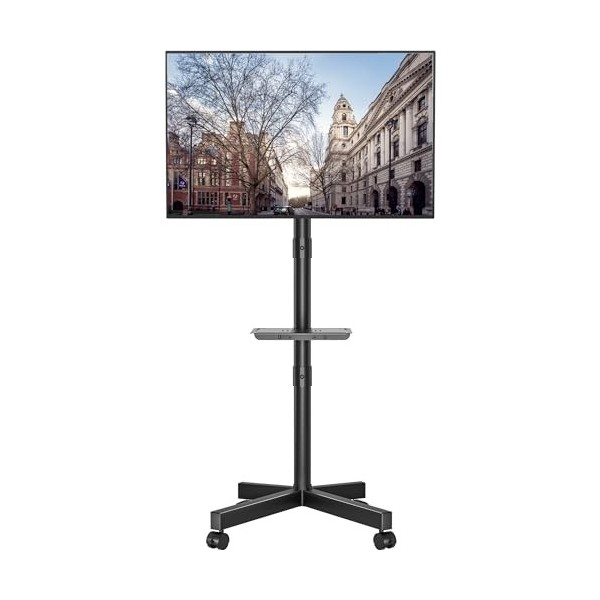 BONTEC Support TV mobile sur roulettes, hauteur réglable et inclinable avec étagère multimédia pour téléviseurs plats et incu