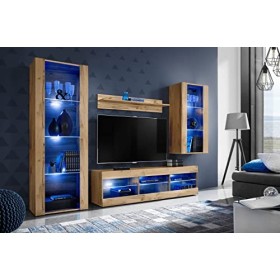 ExtremeFurniture Open SET4 Meuble TV, Carcasse en Wotan Mat/Façade en Wotan Mat + LED Bleues