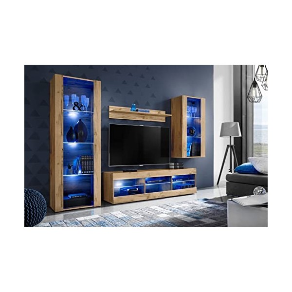 ExtremeFurniture Open SET4 Meuble TV, Carcasse en Wotan Mat/Façade en Wotan Mat + LED Bleues