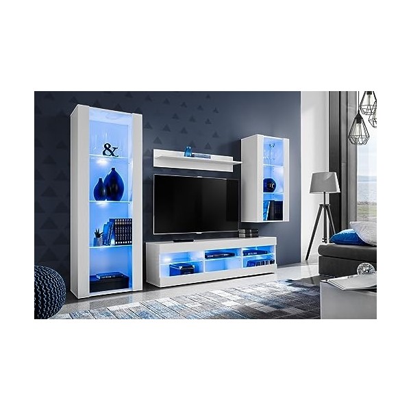 ExtremeFurniture Open SET4 Meuble TV, Carcasse en Blanc Mat/Façade en Blanc Mat + LED Bleues