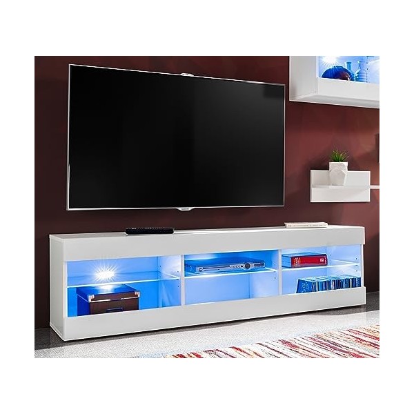 ExtremeFurniture Open SET4 Meuble TV, Carcasse en Blanc Mat/Façade en Blanc Mat + LED Bleues