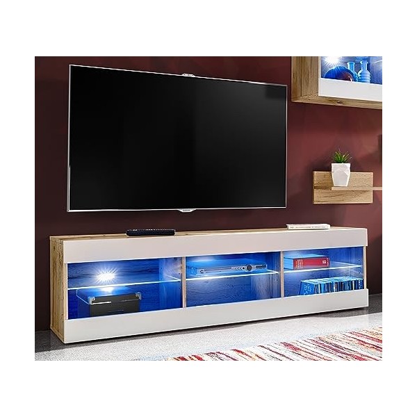 ExtremeFurniture Open SET4 Meuble TV, Carcasse en Wotan Mat/Façade en Blanc Mat + LED Bleues