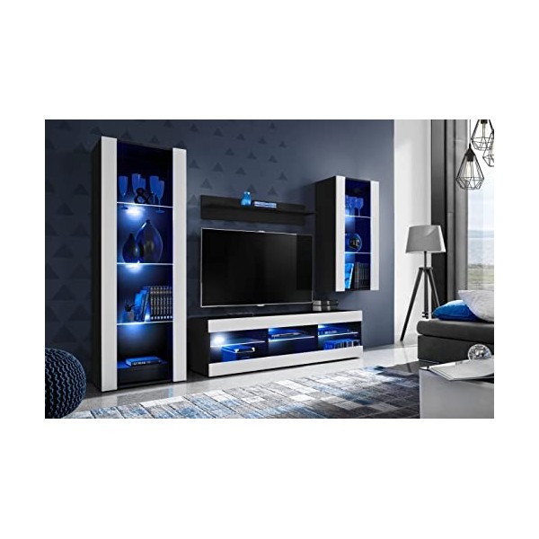 ExtremeFurniture Open SET4 Meuble TV, Carcasse en Noir Mat/Façade en Blanc Mat + LED Bleues