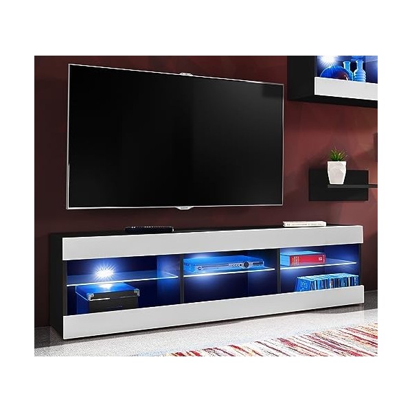 ExtremeFurniture Open SET4 Meuble TV, Carcasse en Noir Mat/Façade en Blanc Mat + LED Bleues