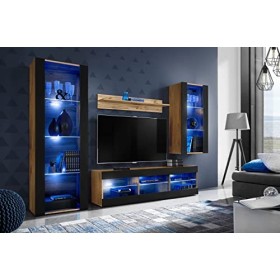 ExtremeFurniture Open SET4 Meuble TV, Carcasse en Wotan Mat/Façade en Noir Mat + LED Bleues