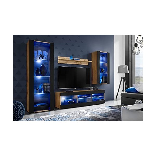ExtremeFurniture Open SET4 Meuble TV, Carcasse en Wotan Mat/Façade en Noir Mat + LED Bleues