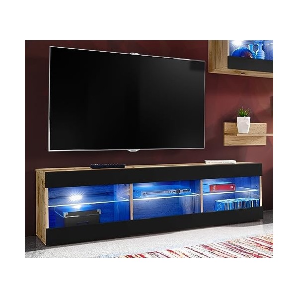 ExtremeFurniture Open SET4 Meuble TV, Carcasse en Wotan Mat/Façade en Noir Mat + LED Bleues