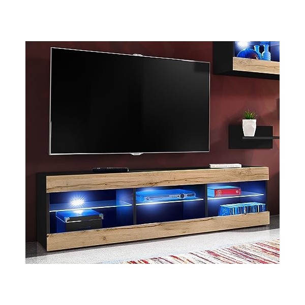 ExtremeFurniture Open SET4 Meuble TV, Carcasse en Noir Mat/Façade en Wotan Mat + LED Bleues