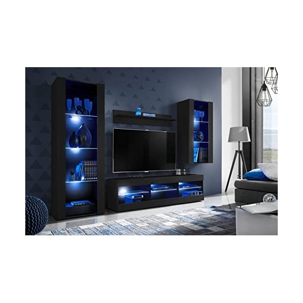 ExtremeFurniture Open SET4 Meuble TV, Carcasse en Noir Mat/Façade en Noir Mat + LED Bleues
