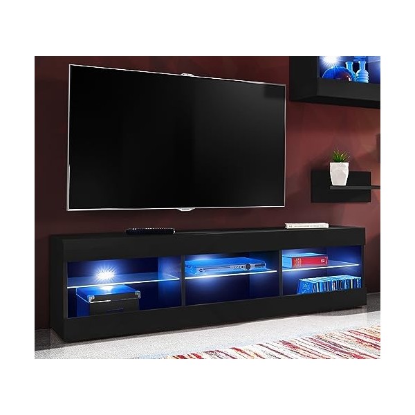 ExtremeFurniture Open SET4 Meuble TV, Carcasse en Noir Mat/Façade en Noir Mat + LED Bleues
