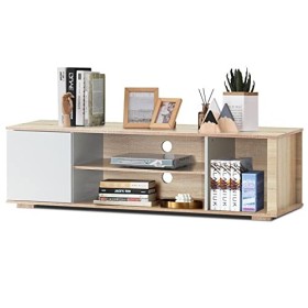 GOPLUS Meuble TV avec 3 Compartiments Ouverts et 1 Placard avec Porte, Banc TV avec Pieds Solides pour TV Jusquà 60", Table 