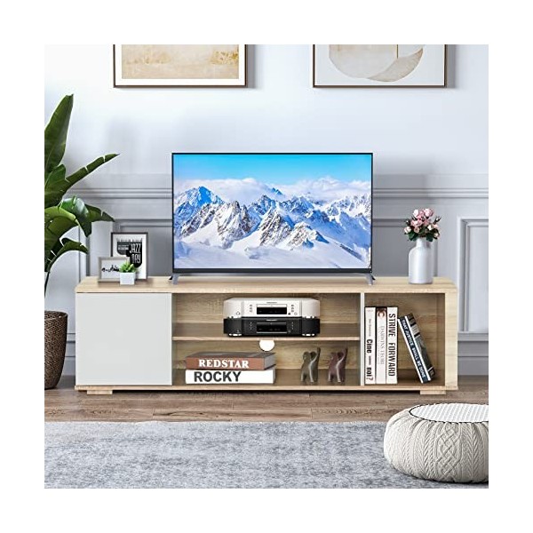 GOPLUS Meuble TV avec 3 Compartiments Ouverts et 1 Placard avec Porte, Banc TV avec Pieds Solides pour TV Jusquà 60", Table 