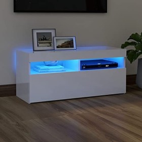 vidaXL Meuble TV avec Lumières LED Armoire Basse Centre de Divertissement Meuble Stéréo Salon Salle de Séjour Intérieur Blanc