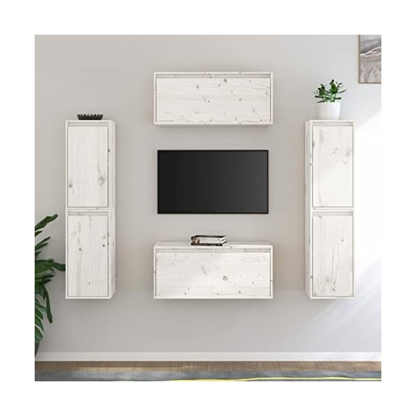 JUNZAI Meubles TV 6 pcs Blanc Bois Massif de pin,Meuble TV,Table Basse Salon Meuble TV,Table Basse LED Couleurs