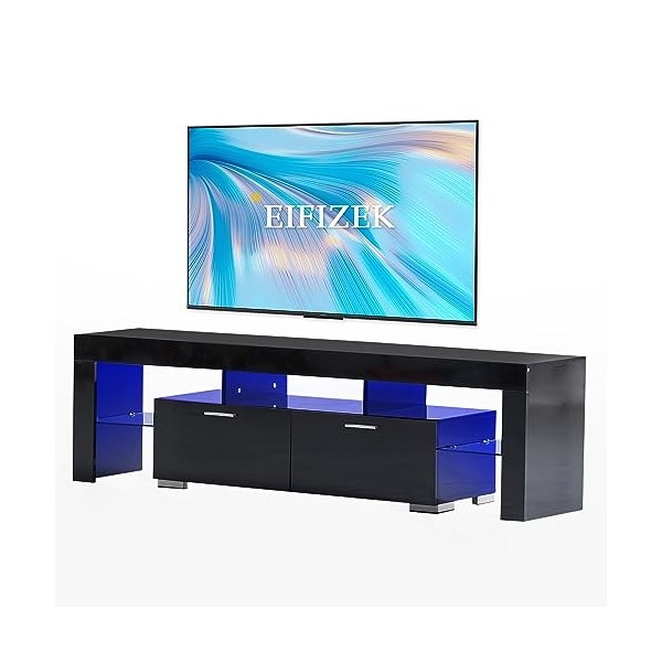 Eifizek Meuble TV LED moderne pour TV de 75 pouces, centre de divertissement avec rangement, meuble TV LED noir pour salon, c