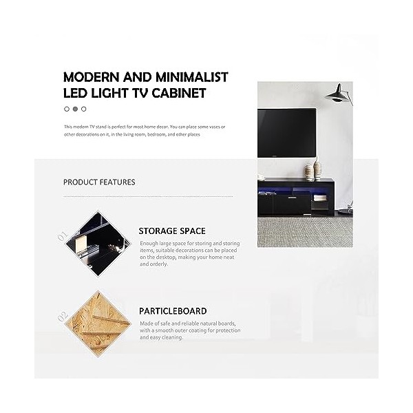 Eifizek Meuble TV LED moderne pour TV de 75 pouces, centre de divertissement avec rangement, meuble TV LED noir pour salon, c