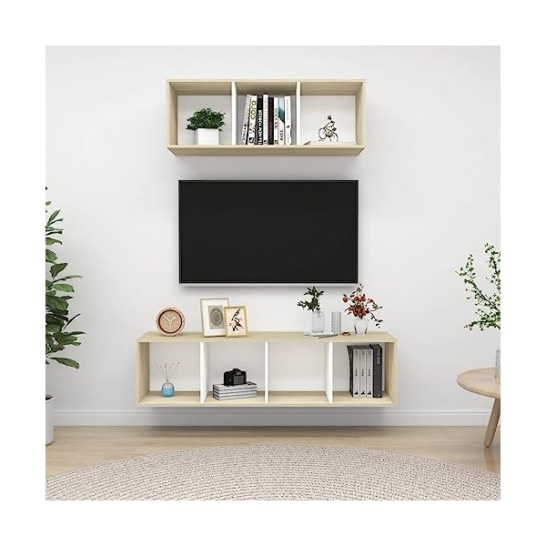 Meuble TV 2 pièces en bois blanc et chêne sonoma