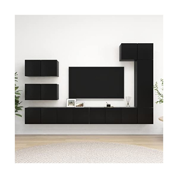 TANZEM Ensemble de Meuble TV 8 pcs Noir Aggloméré,Meuble TV Longueur,Meuble Bas Salon,Meubles De Salon TV