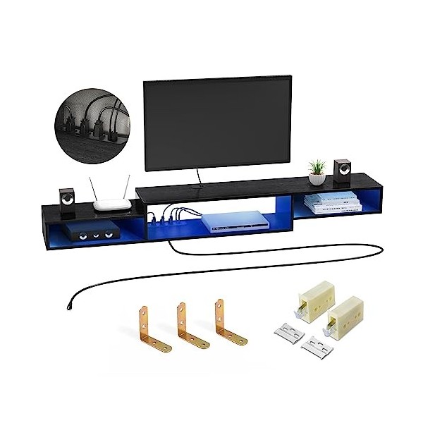 FABATO Meuble TV flottant de 177,8 cm avec prise de courant - Étagère murale - Meuble sous la TV - Pour boîte de câbles audio