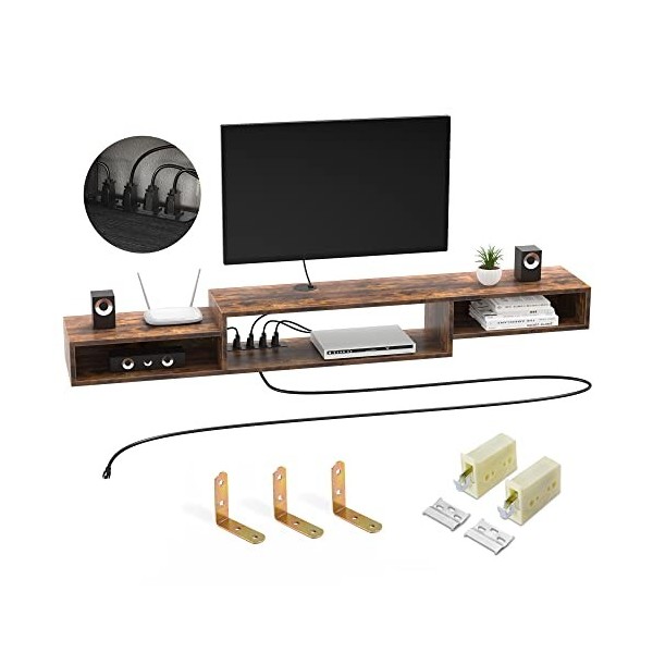 FABATO Meuble TV flottant de 177,8 cm avec prise de courant - Étagère murale - Meuble sous la TV - Pour boîte de câbles audio