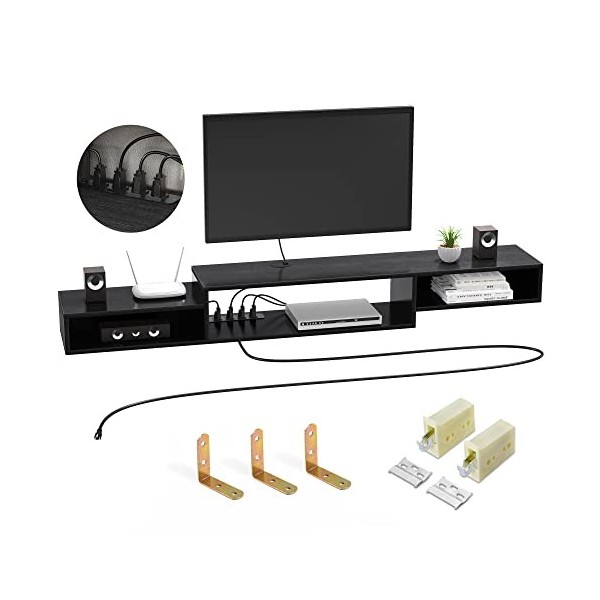 FABATO Meuble TV flottant de 177,8 cm avec prise de courant - Étagère murale - Meuble sous la TV - Pour boîte de câbles audio