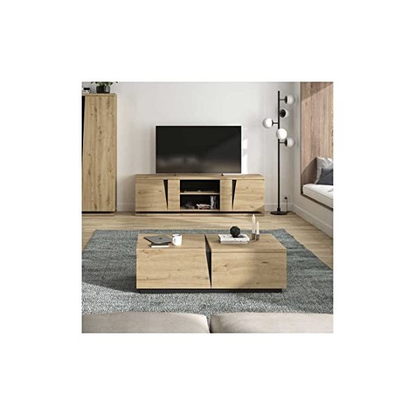 Meuble TV 2 Portes 2 niches Chêne Naturel/Noir - LIGNAC - L 181 x l 45 x H 54 cm - Neuf