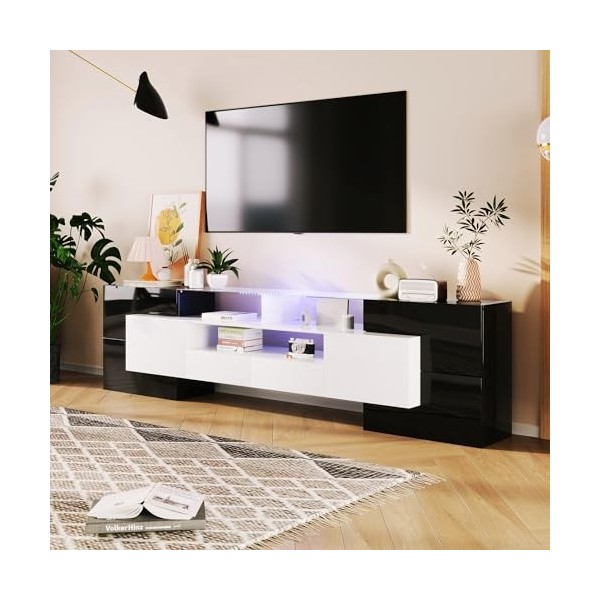 Meuble TV élégant, Panneau Bas. Meuble de Salon à éclairage LED Blanc et Noir Brillant de 200 cm. Design Moderne. Surface en