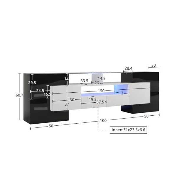 Meuble TV élégant, Panneau Bas. Meuble de Salon à éclairage LED Blanc et Noir Brillant de 200 cm. Design Moderne. Surface en