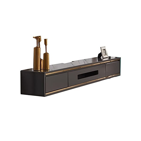 EsEntL Meuble TV MDF + Bois Massif, Console Multimédia Murale, Étagère de Composant de Meuble TV Flottant avec 2 Tiroirs, Éta