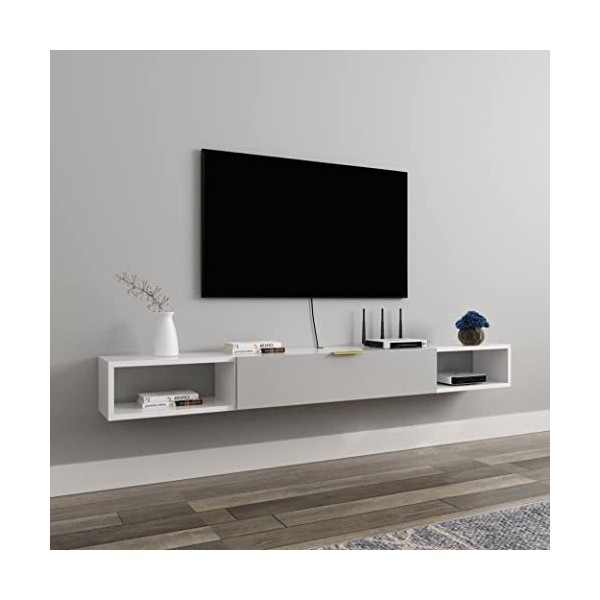 Meuble TV Flottant en Bois Étagère TV Murale Centre De Divertissement Console Média Meuble De Rangement Suspendu Huche TV Com