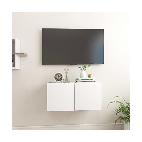 Meuble TV Suspendu | Style Contemporain | Rangement matériel télé Audio Video Gaming | 60x30x30cm Blanc