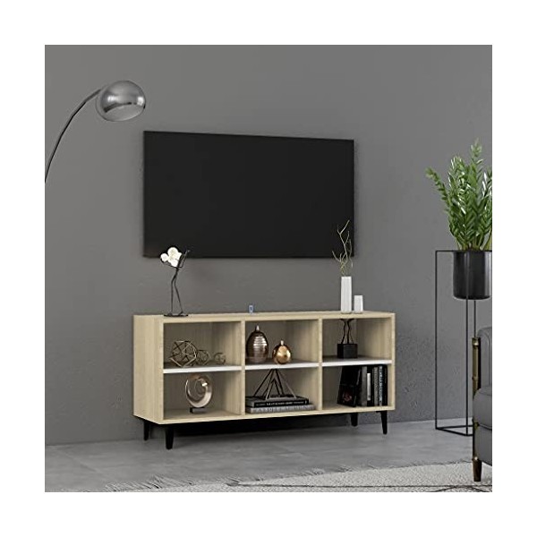 Meuble TV | Style Contemporain | Rangement matériel télé Audio Video Gaming | 103,5x30x50cm Blanc et chêne Sonoma
