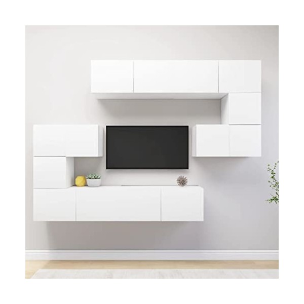 Meuble TV, Meuble TV Suspendu, Meuble télé, Meuble TV Industriel, Meuble Chambre, Ensemble de Meuble TV 8 pcs Blanc Aggloméré