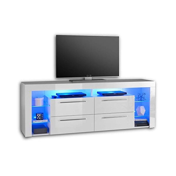 Stella Trading Goal Meuble TV avec Éclairage LED Bleu et Nombreux Espaces de Rangement, pour Salon, Blanc Brillant, Dimension
