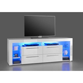Stella Trading Goal Meuble TV avec Éclairage LED Bleu et Nombreux Espaces de Rangement, pour Salon, Blanc Brillant, Dimension