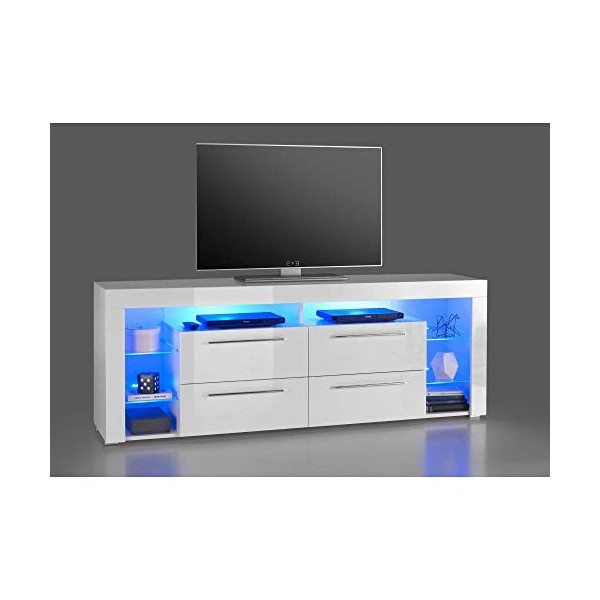 Stella Trading Goal Meuble TV avec Éclairage LED Bleu et Nombreux Espaces de Rangement, pour Salon, Blanc Brillant, Dimension