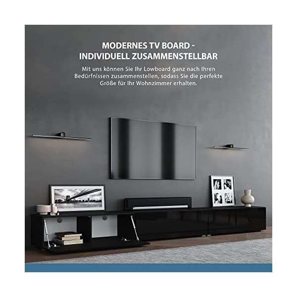 Planetmöbel - Meuble TV 300&nbsp;cm Noir Meuble TV avec 3 rabats comme espace de rangement, meuble bas suspendu ou debout, buffet 