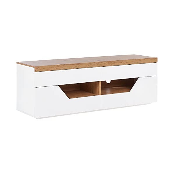 Meuble Rangement TV Blanc et Bois Clair 4 Tiroirs avec Trou pour Câble Cheval