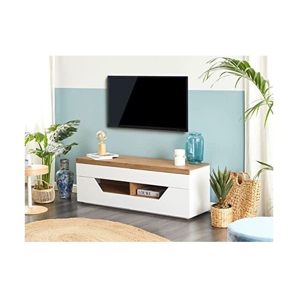Meuble Rangement TV Blanc et Bois Clair 4 Tiroirs avec Trou pour Câble Cheval