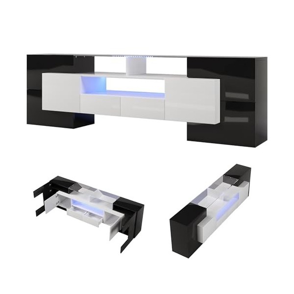 Meuble TV avec lumières LED, Meuble TV, Meuble TV, Buffet avec Portes, tiroirs, Meuble TV, Plateau de Table, Blanc Brillant e