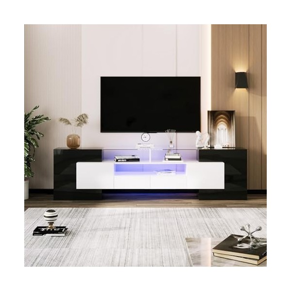 Meuble TV avec lumières LED, Meuble TV, Meuble TV, Buffet avec Portes, tiroirs, Meuble TV, Plateau de Table, Blanc Brillant e