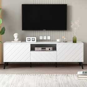 Meuble TV Blanc à 2 Portes et 2 tiroirs de 1,7 mètre de Long avec séparateurs réglables derrière Les Portes et Plastique Soup