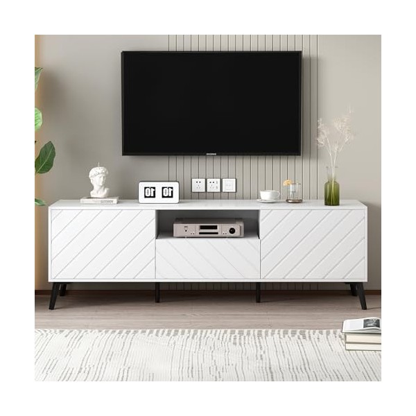 Meuble TV Blanc à 2 Portes et 2 tiroirs de 1,7 mètre de Long avec séparateurs réglables derrière Les Portes et Plastique Soup