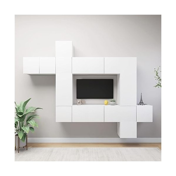 Ensemble de Meuble TV 10 pcs Blanc Aggloméré, Meuble TV, Bas Table TV, Meuble TV Suspendu, Meuble télé, Meuble TV Industriel,