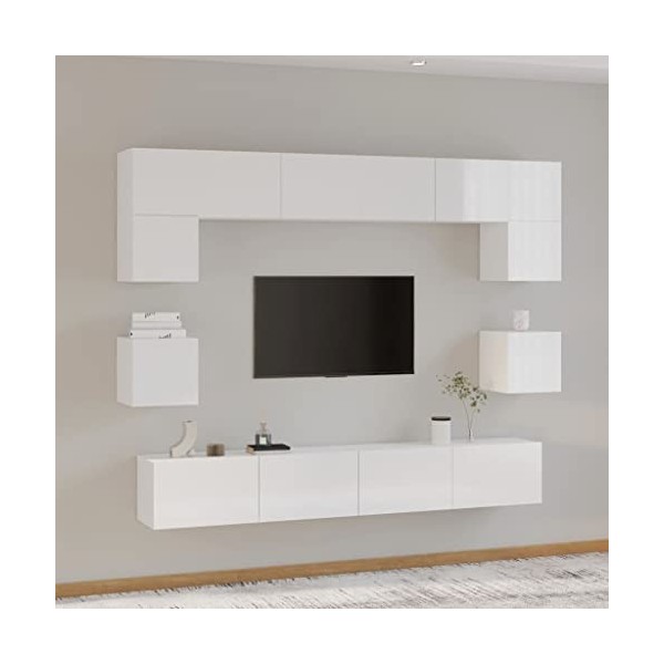 Ensemble de Meubles TV 8 pcs Blanc Brillant Bois dingénierie - Meuble TV, Armoire Basse Centre, Support Télé pour Salon Cham