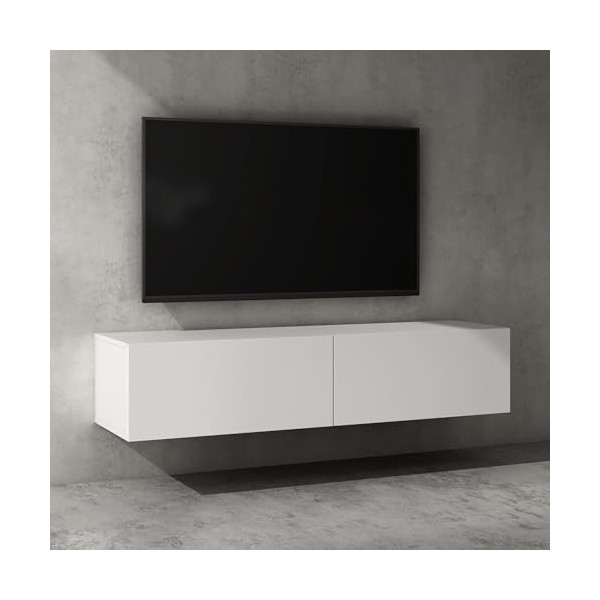 Sogood Meuble TV Bas 240 cm Armoire TV Blanc Mat Table de Télévision Salon avec Portes Meuble TV Suspendu MBTV02