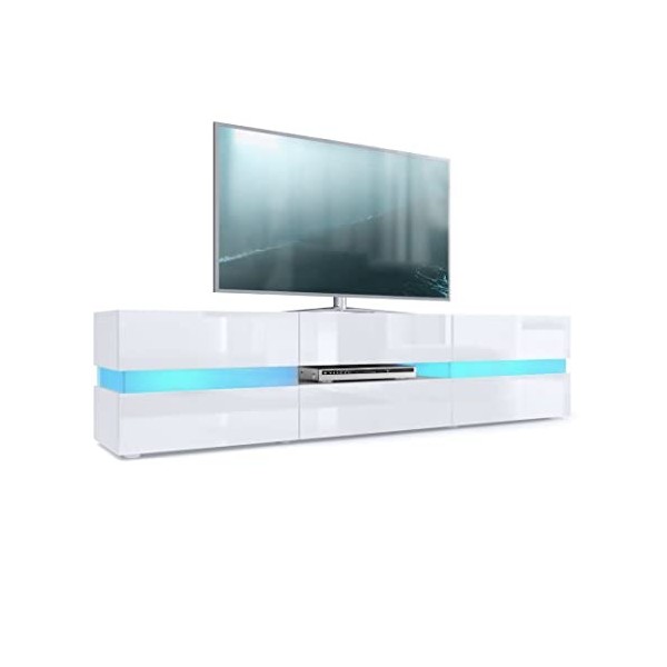 Vladon Buffet Bas Flow, Meuble TV avec vitre d’Ambiance rétroéclairée, 2 Portes, 1 tiroir et 1 clapet, Blanc Mat/Blanc Haute 