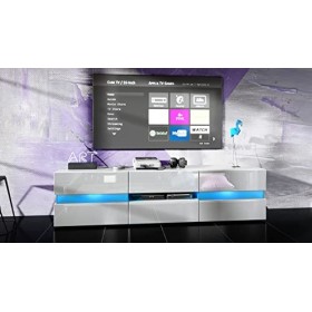 Vladon Buffet Bas Flow, Meuble TV avec vitre d’Ambiance rétroéclairée, 2 Portes, 1 tiroir et 1 clapet, Blanc Mat/Blanc Haute 