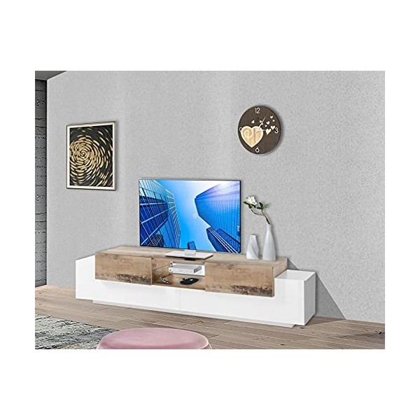 Dmora Meuble TV de salon, Made in Italy, Meuble TV avec 4 portes et étagères, 220x45h51 cm, Couleur blanc brillant et érable